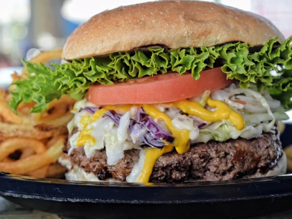 A Juicy Burger with Cole Slaw and a Side of Curly Fries at SmacNallys Waterfront Bar and Grill
