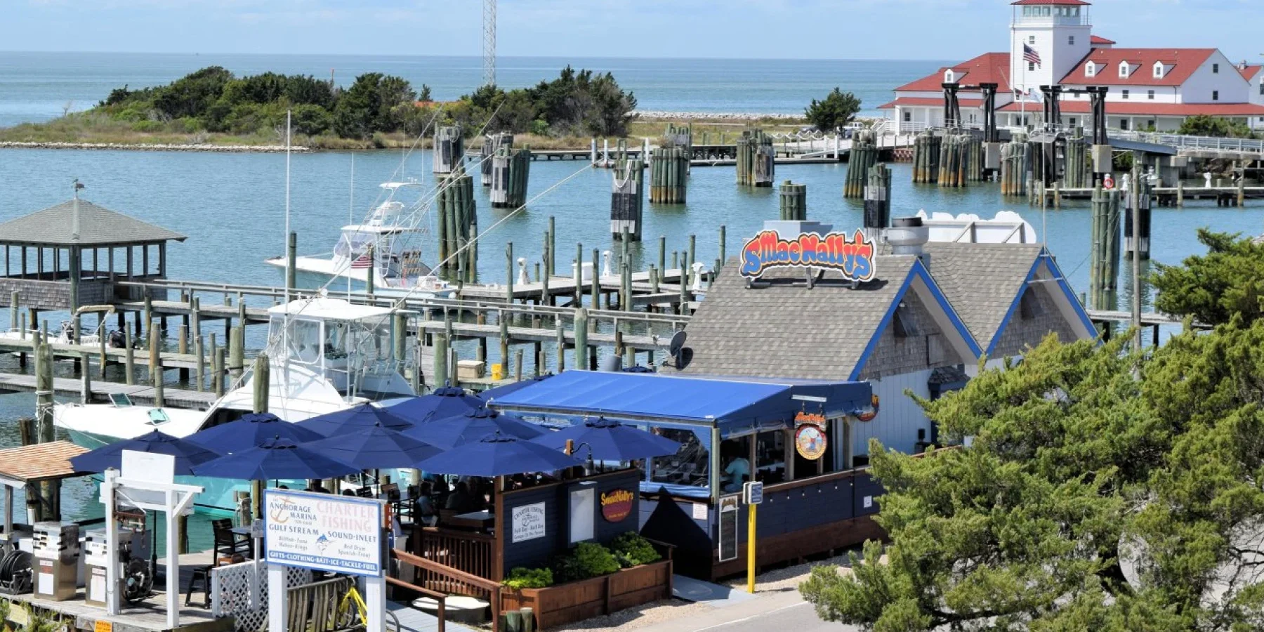 An Arial Photo of SmacNallys Waterfront Bar and Grill and Silver Lake in Ocracoke - Hero
