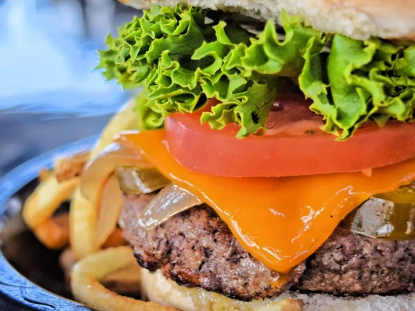 Close up photo of a juicy hamburger